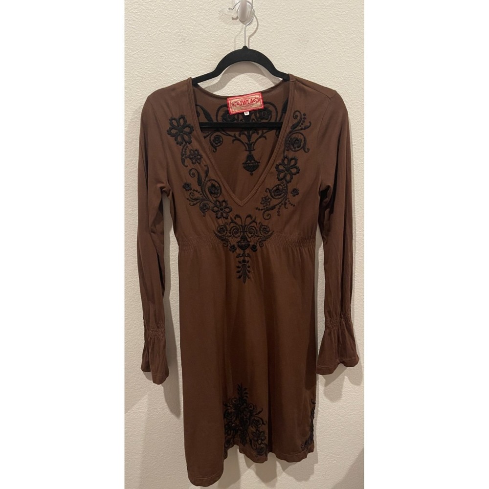 JWLA Brown Embroidered Long Sleeve Mini Dress